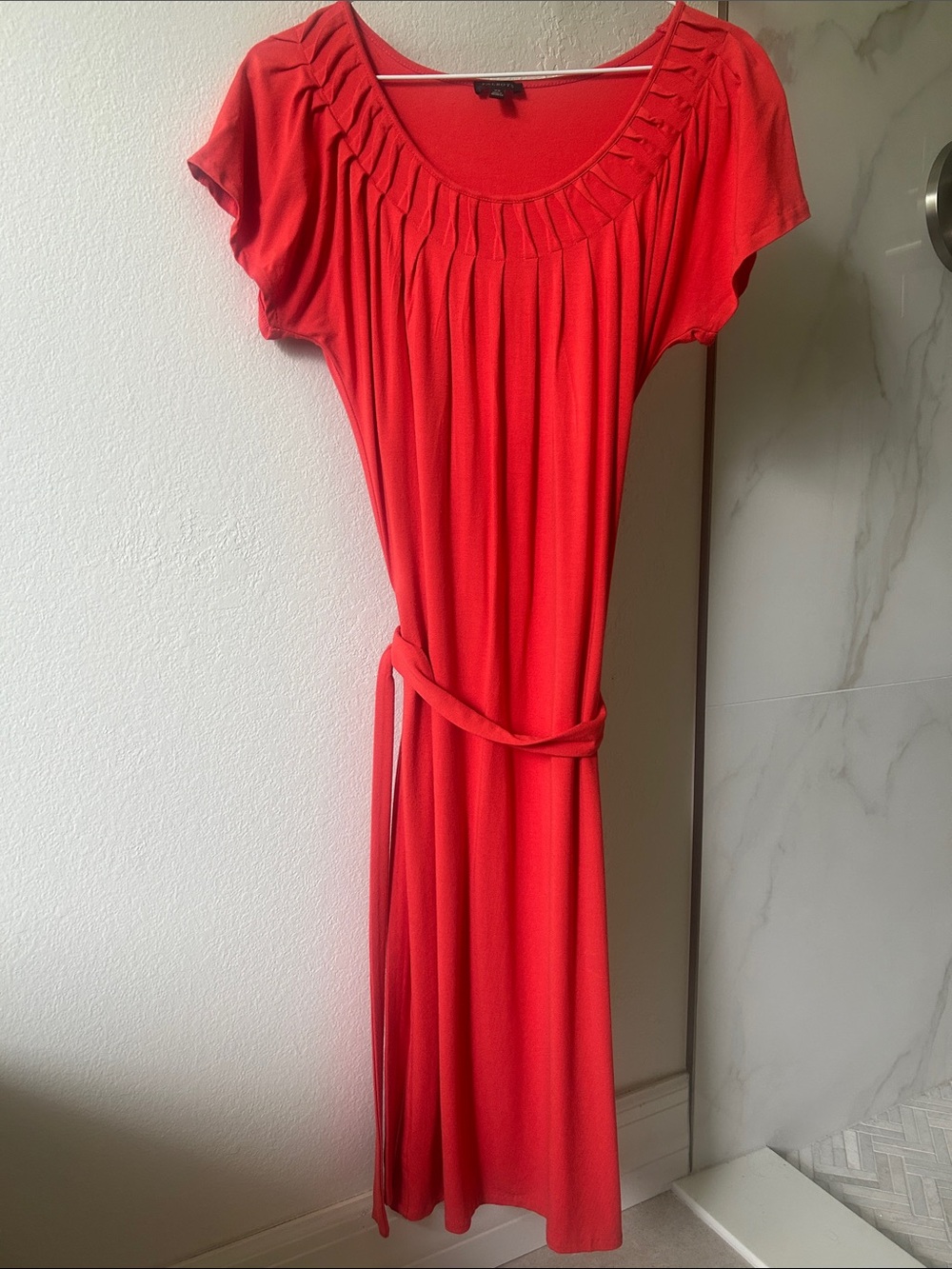 Talbots Orange Pleated Scoop Neck Belted Dress